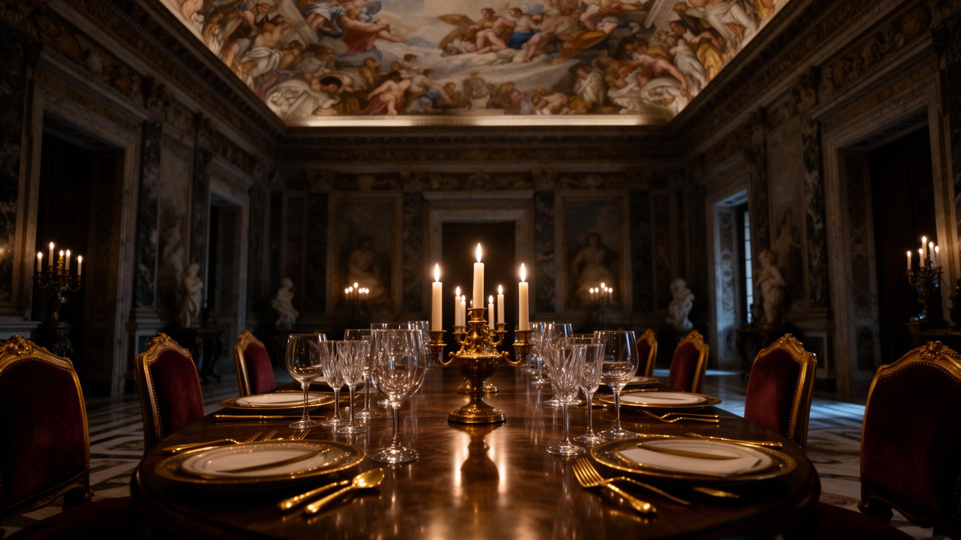 Frescoed dining room inside a private Roman palazzo with candelabra and a set table